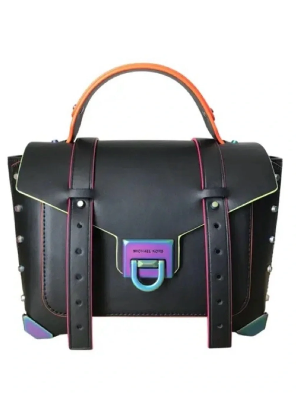 MICHAEL KORS Manhattan Medium Contrast-Trim Leather Satchel Black Neon - Picture 1 of 16